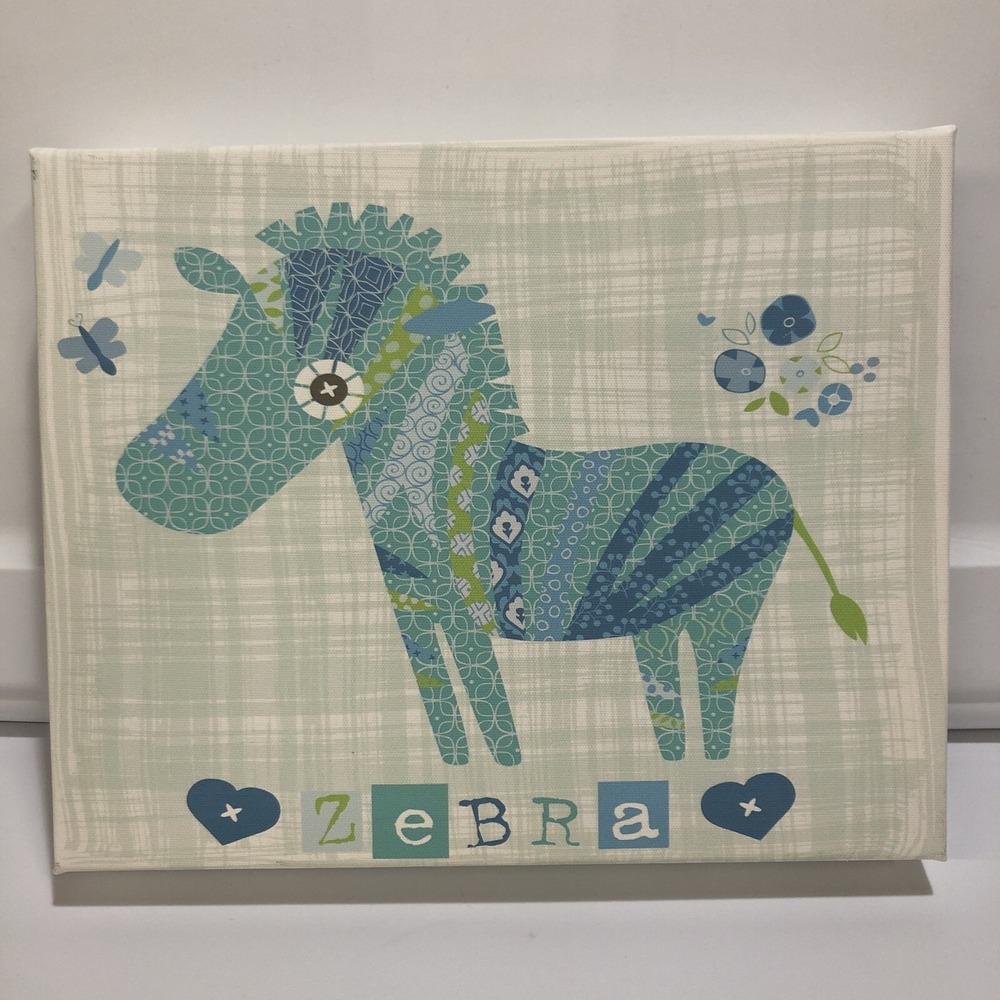 STUPELL Home Decor Stretched Canvas Patchwork Pals Zebra 7.75x9.75" Blue Green